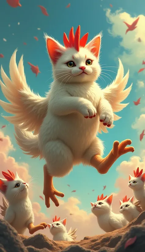  Fantasy illustration depicting cats and chickens jumping in the air and changing being a unique hybrid creature .  Its body is a mix of a slender cat and a furry chicken ,  with small wings appearing on its back .  The creatures head has a mixture of a sl...