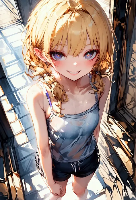 RAW, score_9, score_8_up, score_7_up, 1girl, girl, little_girl, loli, , kawaii, fair_skin, petite, slender face, blonde hair, twintails, black eyes, pupils,whit_camisole, dolfin_shorts, seductive_smile, giggling, grin, standing, covering_mouth, incredibly ...