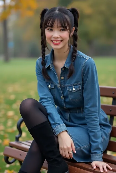 Beautiful young Eastern European woman , wearing a denim dress and black suede leather high-heeled boots， pointy toes and beige leather sole 。  posing for photos , dark blue faded tights She is sitting on a park bench , 在美丽的公园中央. 带着树木和花朵. Smile, cosmetic, ...