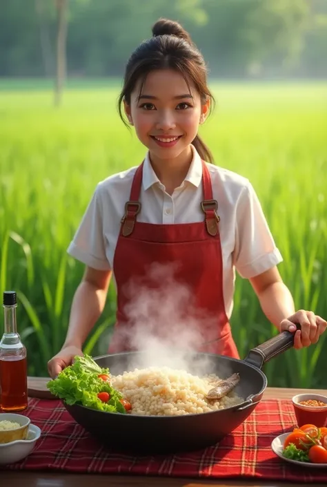 Full details,High definition,Realistic,Thai woman,Wearing white shirt,Red apron,20 years old,Happy smile,Eye contact,In the middle of rice field by Mekong river,Frying snakehead fish in hot oil pan,Steaming,At the table covered with red plaid cloth,There a...