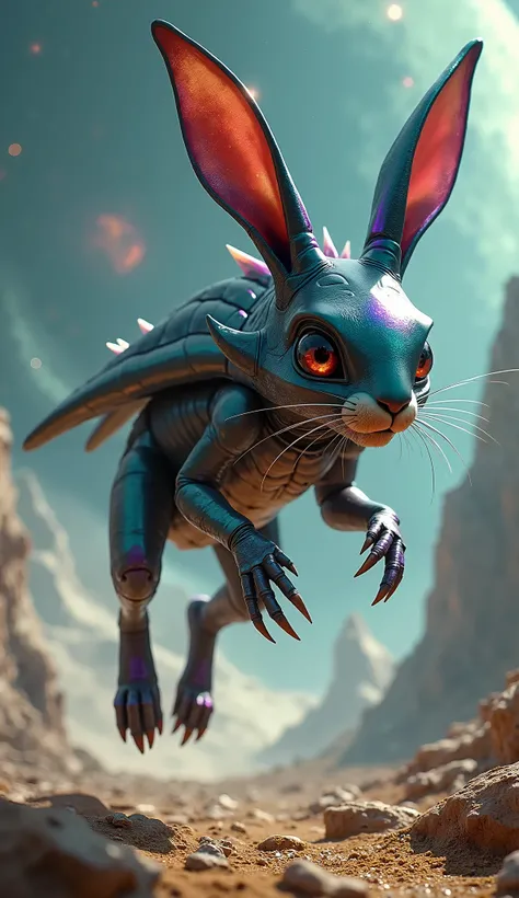 "A fierce alien rabbit leaps down from a sleek, futuristic spaceship, its glowing eyes sharp with intensity. The rabbit is covered in an iridescent, metallic exoskeleton that shimmers in shades of deep purple and green, reflecting the light of distant star...