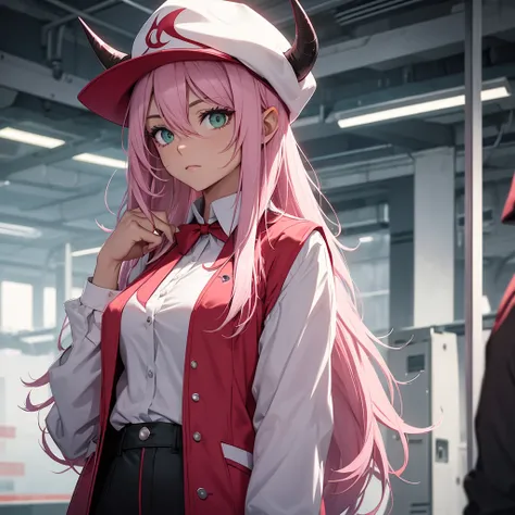 Female character. alone.  long hair pink . Gangster clothes . white shirt. red vest. short preto.  a hat that comes out of it two thin horns. ela tem olhos verdes. futuristic scenario