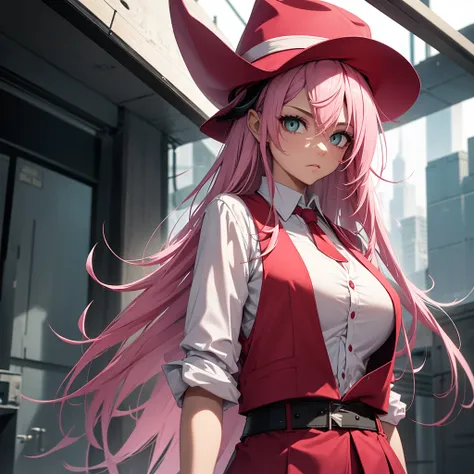 Female character. alone.  long hair pink . Gangster clothes . white shirt. red vest. short preto. A hat that comes out of it with two thin horns. ela tem olhos verdes. futuristic scenario