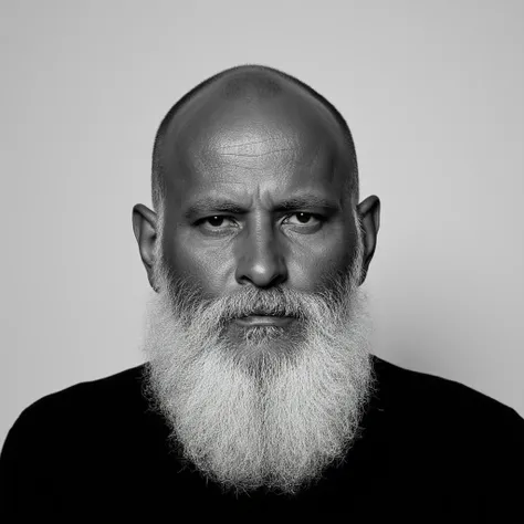 Portrait,  black and white photo, 42 year old attractive man,  with bald head and white long beard, UHD, realistic