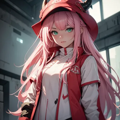 detailed portrait of 1 girl with long pink hair, wearing a white shirt, red vest, and black shorts, with a hat with two thin horns coming out of it, green eyes, in a futuristic setting, highly detailed, cinematic lighting, dramatic, sharp focus, photoreali...