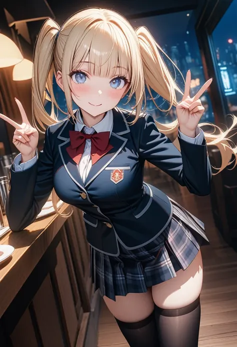 Masterpiece, ultra detailed, 8k, best quality, novel illustration, 1girl, student uniform, plaid skirt , slender, Blonde, twin tails, blunt bangs, cute eyes, ultra detailed face,  blue eyes , nice smile, hand peace sign, black thighhighs, A bustling restau...