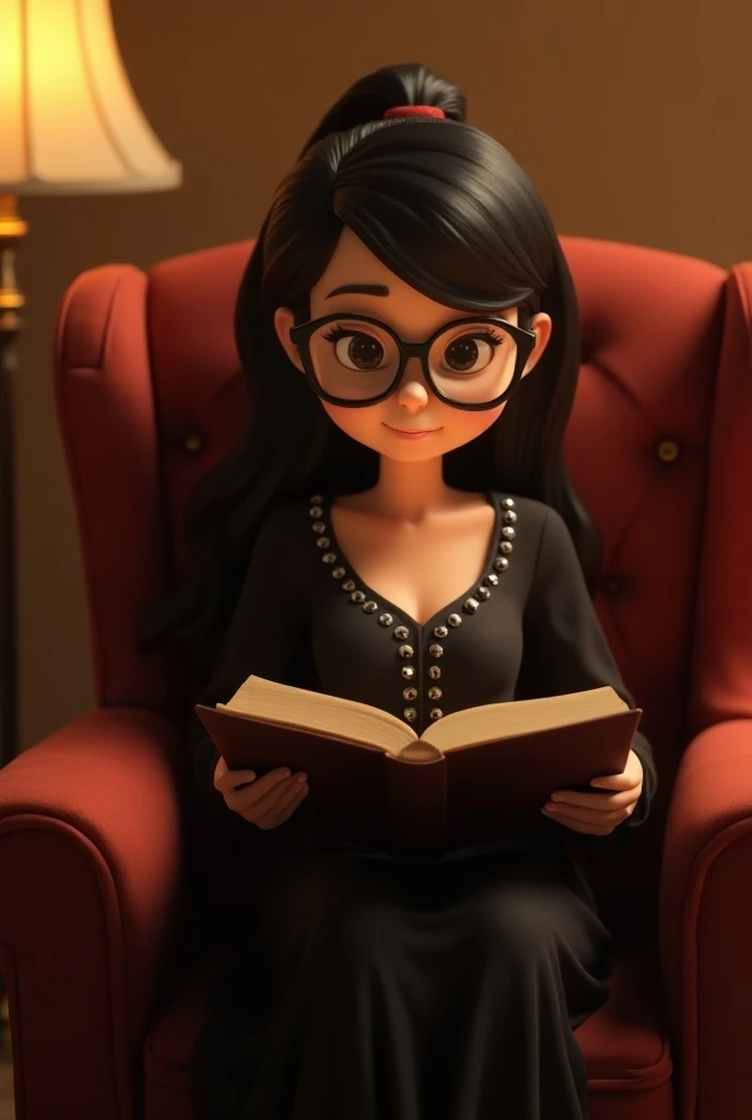 A Pixar-style 3D woman seated in a cozy armchair she smiles while reading the Bible, a beautiful young, round face, wide and full body  ,she wears glasses long hair and black , short stature dressed in a black dress with rhinestones and a well-composed lon...