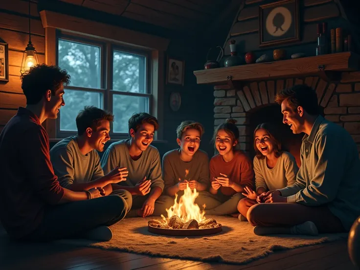 Friends sitting in a dimly lit cabin, listening to a ghost story with a mix of laughter and unease.