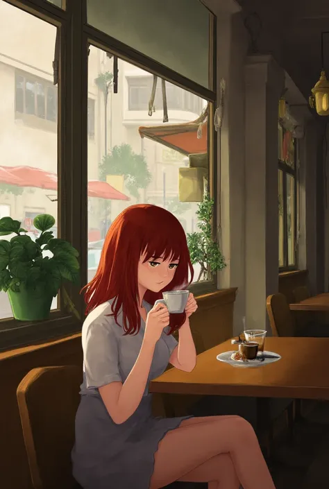 A girl drinks coffee in a coffee shop