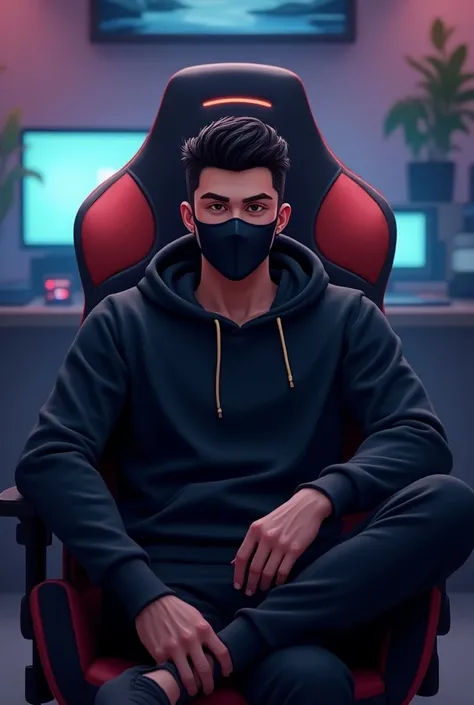 A handsome Man , wearing a black colour hudy , sit on gaming chair , mask on the face in animation, 