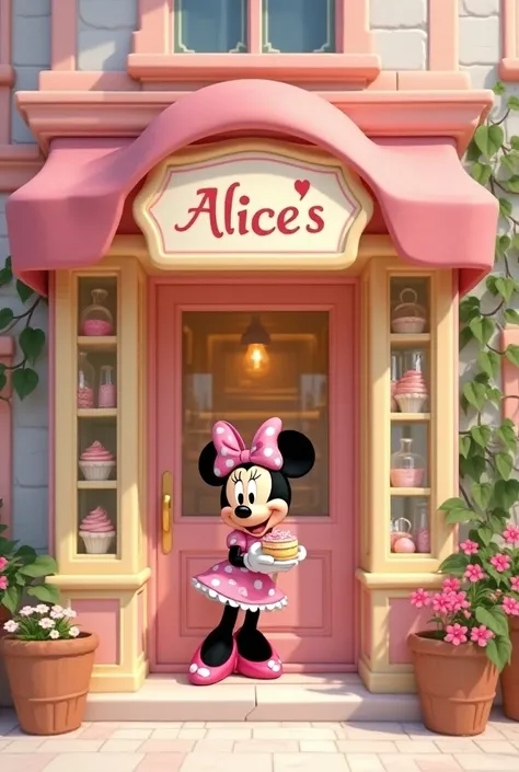  Facade of a pastry shop with details in light pink and light yellow with candies in the window plus the character Minnie on the front holding a cake. On the front of the confectionery there is a sign written Alice s  