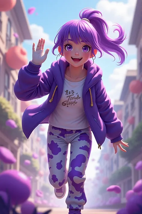 Create a Switch Girl with purple hair purple eyes white gloves are purple and white pants purple shoes white ponytail purple and white forth hair purple and white hair who loves to switch body and joyful and excitement and she ware the purple jacket and sh...