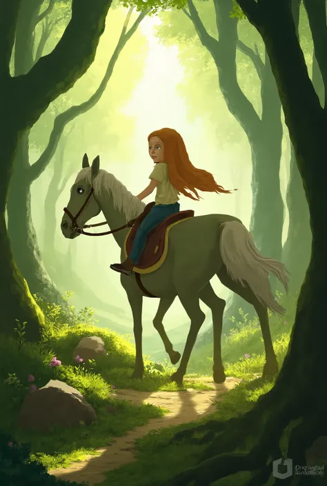 Girl in the woods riding a horse