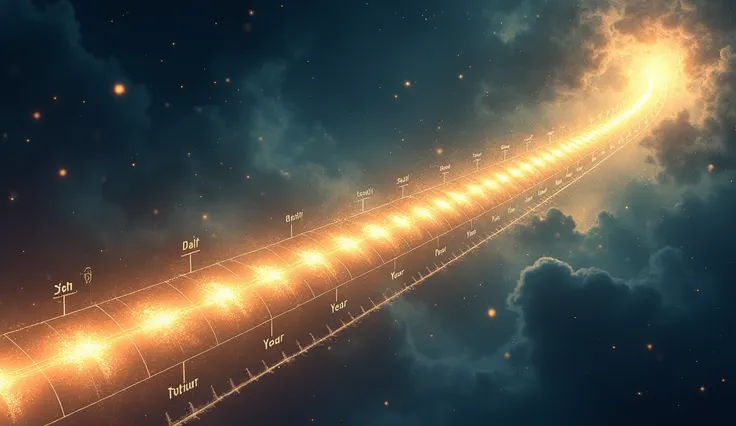 "An illustration showing Ezekiel’s symbolic action connecting with a timeline, where each day transforms into a year on a glowing path stretching into the future. The timeline is marked by key historical and future events. Light streams from the days, high...