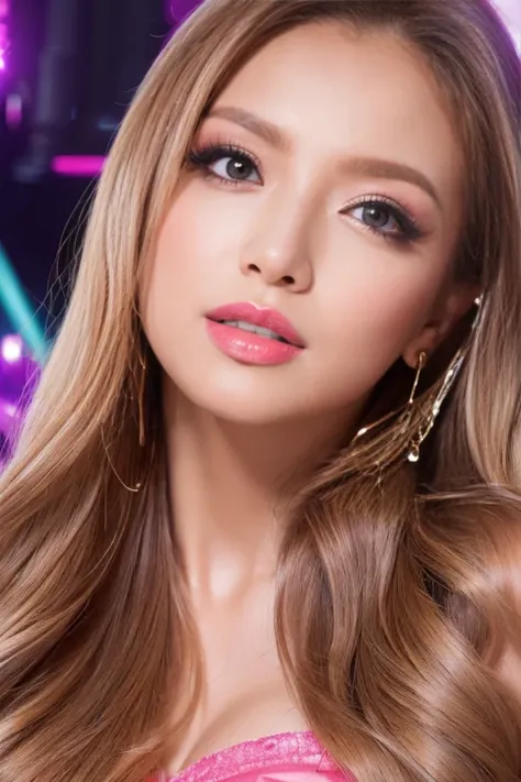 ((highest quality, Super high resolution、the most complex and detailed depiction:1.5))、(Very bright lighting:1.1)、Beautiful woman in a satin bodycon、(long wavy hair:1.05), (accurate anatomy:1.1)、color contacts、perfect makeup、long eyelashes、lipstick、highly ...