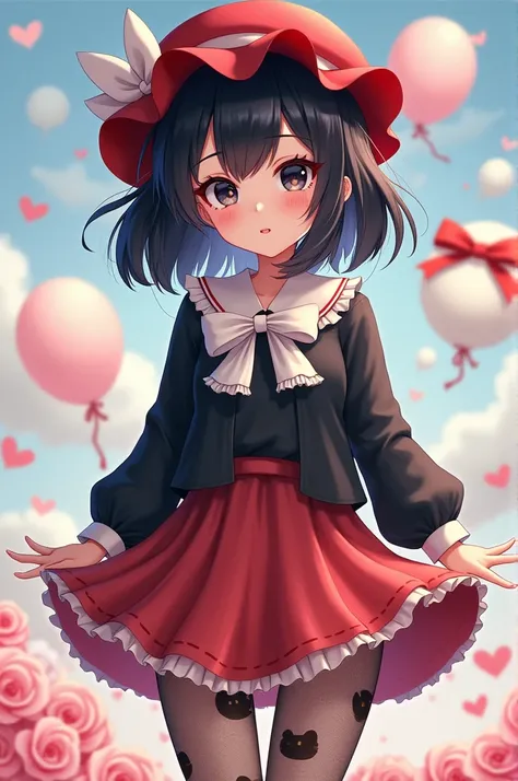  female character , black hair with ruffle and red hat ,black shirt with a white ribbon , hello Kitty mesh tights and black eyes
