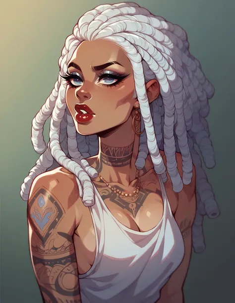 woman with white hair with 2 blue dreadlocks and moving beads, tattoos, septum and with matte red lip gloss, long eyelashes and juicy lips, make up shadows diving without clothes curvy body 
