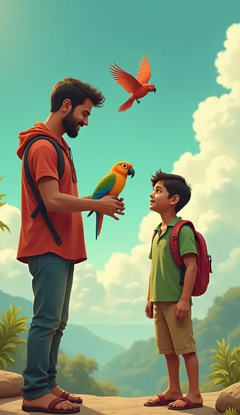 Depict Rahul finally giving parrot to Vikas, but Vikas, while playing, gets distracted and accidentally lets parrot fly away. parrot soars into the sky, leaving Rahul heartbroken as he watches his pet fly away.