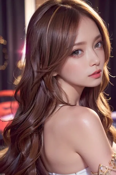 ((highest quality, Super high resolution、the most complex and detailed depiction:1.5))、(Very bright lighting:1.1)、Beautiful woman in a satin bodycon、(long wavy hair:1.05), (accurate anatomy:1.1)、color contacts、perfect makeup、long eyelashes、lipstick、highly ...