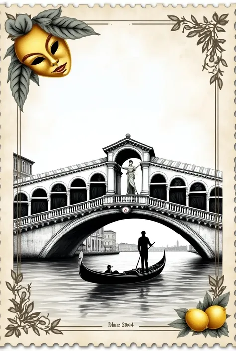 Venice stamp black and white Rialto bridge gondola gondola with gondolier Venetian mask in love at the top left and lemons at the top right no superfluous at the bottom 