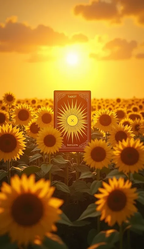  A warm sun shining in the clear orange sky . Below are dozens of giant sunflowers ,  in the middle of the image a Tarot card of Sun XIX.