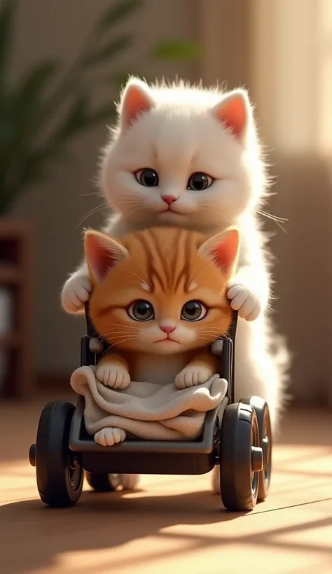 realistic picture,8k,In the home, a brown fur baby kitten in a wheelchair has a blanket covering its lap, and a white fur kitten is behind it and pushing the wheelchair,Complete wheelchair,Sad expression,
