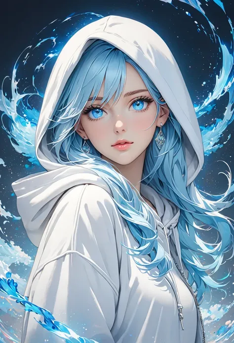 an image of a girl with light blue hair in a white hoodie, 1girl, hood, blue eyes, solo, earrings, jewelry, hoodie, looking at viewer, hood up, long hair