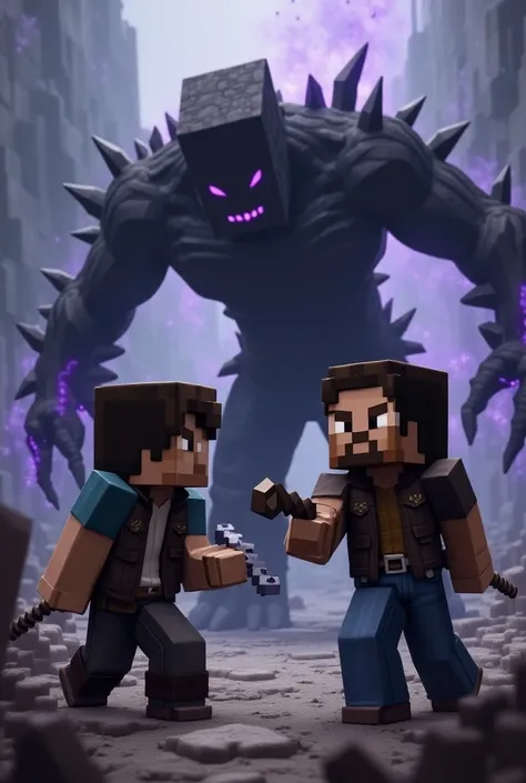 Two male Minecraft characters battle Enderman