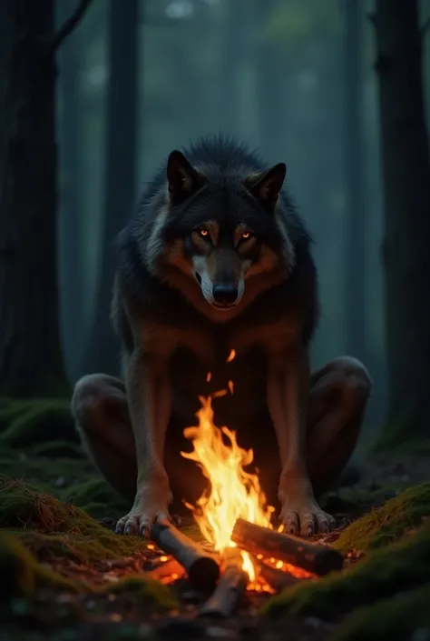 Werewolf quietly sitting in front of a bonfire