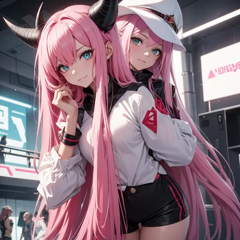  Make a character with long pink hair all by yourself,  she must have a hat with two thin horns, She has a gangster outfit , white shirt,  a red vest and black shorts . ela tem olhos verdes. It is in a futuristic setting. Do it with a provocative smile 