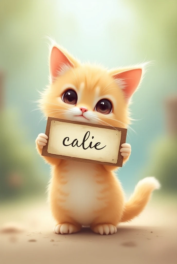 Petit chat avec une pancarte avec écrit "Calie"