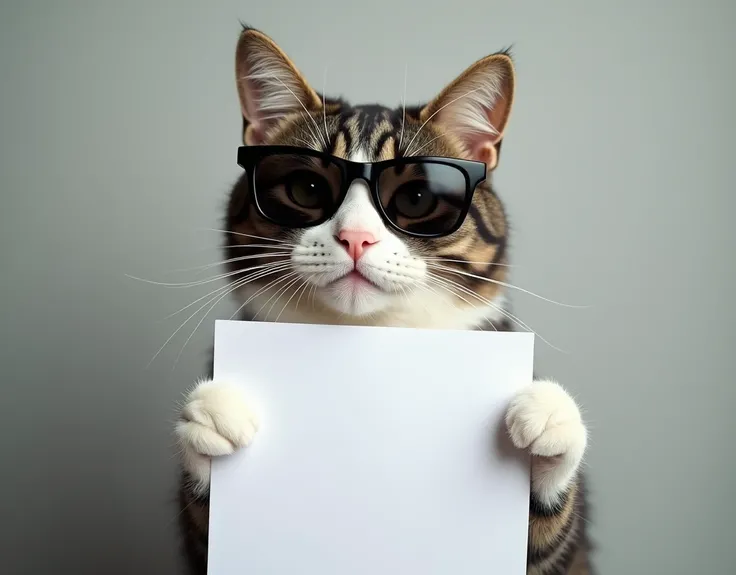 Closeup of a cat wearing a black sunglass, with a smile on his face, looking at me with his head tilted on his right side, holding an A4 size paper(show the full paper) with only his left hand that he is showing me proudly.