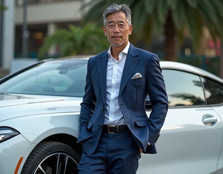 A handsome middle-aged Japanese man of about 37 years . ， wearing a blue striped suit ， leans on a white BMW840 I.