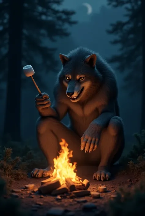 Werewolf quietly sitting eating marshmallows in front of a bonfire