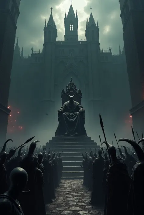 detailed hyper-realistic fantasy landscape, massive castle fortress, towering demonic architecture, dark gothic spires and ornate details, Baal the evil lord seated on a throne, legions of demonic underlings and minions, vast army of monstrous humanoid sla...