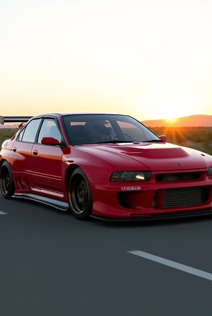 Please show me a 1998 Mitsubishi Lancer Evo V,in red colour, lowered, driving on highway road with high speed on German motorway, sunny day, golden hour light,amazing look, widebody, lowered, tuning,concept design, 3d realistic concept car render, 3d rende...