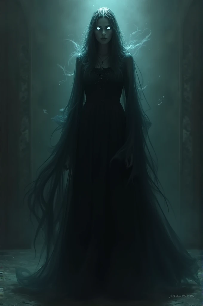 Give me a horror pic of a ghost wearing a dark dress 