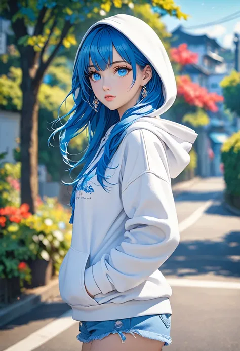 an anime girl with blue eyes in a hoodie leaning to one side, 1girl, hood, solo, blue hair, earrings, blue eyes, jewelry, long hair, looking at viewer, hoodie, hood up, white hoodie, blurry background, closed mouth, outdoors, shorts, bangs,,,,,,,...