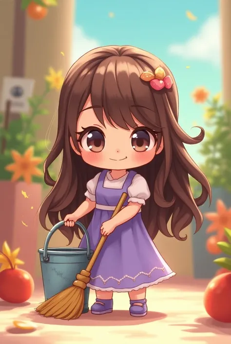  2D art in the chibi style , king, LONG BROWN HAIR, wearing a lilac dress,  Simple background,
 vibrant colors , minimum, fun,  very detailed , 4K,
sharp focus,  Digital painting, figure, anime, manga,  high image quality, holding a broom and bucket 