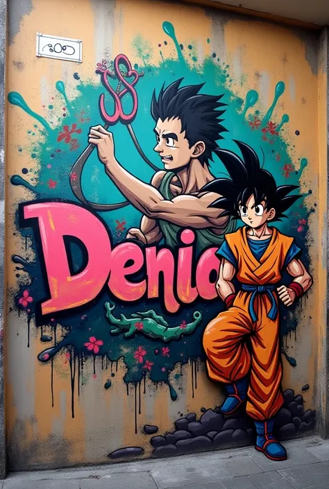 (( best quality ),  graffiti with the name Denio,  and the symbol of infinity , with a drawing of Goku  