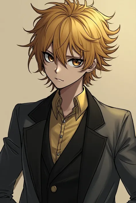 Lawless by Servamp, a little dark and with stylish hair and gold and gray clothes, his clothes look like a vampire, the same color but with plays and vampires and opaque gold hair with shades of black shadows 