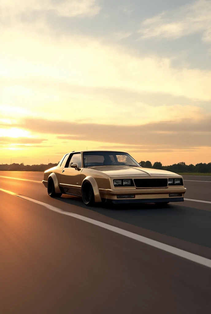 Please show me a classic 1987 Chevrolet Monte Carlo,in beige colour, lowered, driving on highway road with high speed on German motorway, sunny day, golden hour light,amazing look, widebody, lowered, tuning,concept design, 3d realistic concept car render, ...