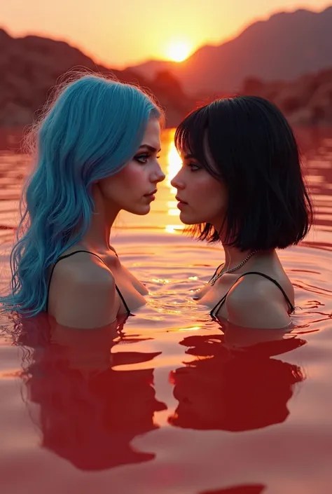 ultra realistic professional full body near facing camera (ultra realistic professional full body camera((( a mesmerizing blue-haired lady and a striking bob black-haired lady immersed in a crimson lake with light red water reminiscent of Mars. The radiant...