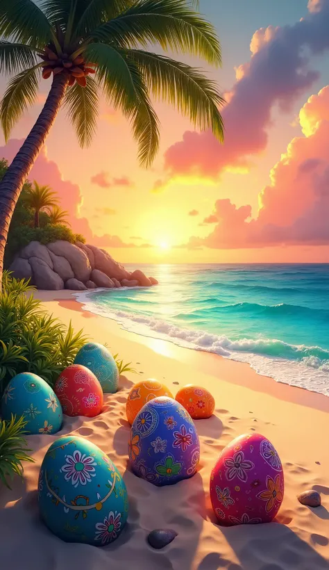 Colorful Easter Eggs Beach Sunset Tropical
