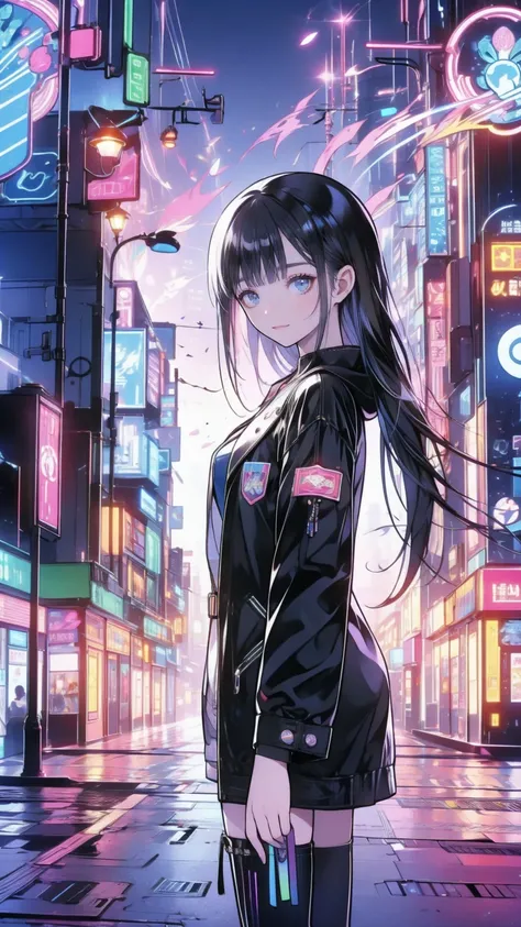  Modern Fantasy The citys vibrant skyline , 27-year-old boy、 her dark hair 、 stands out in contrast to her white skin .,  Neon lights illuminate the city Silver eyes that seem to reflect lights .  Wear an elegant black suit adorned with delicate gold detai...