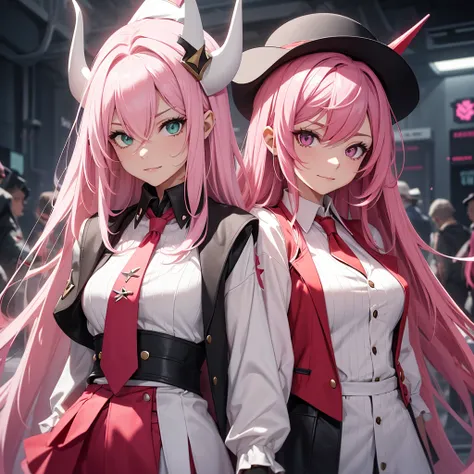  Make a character with long pink hair all by yourself, She must have a hat with two simple and thin horns coming out of it, She has a gangster outfit , white shirt,  a red vest and black shorts . ela tem olhos verdes. It is in a futuristic setting. Do it w...