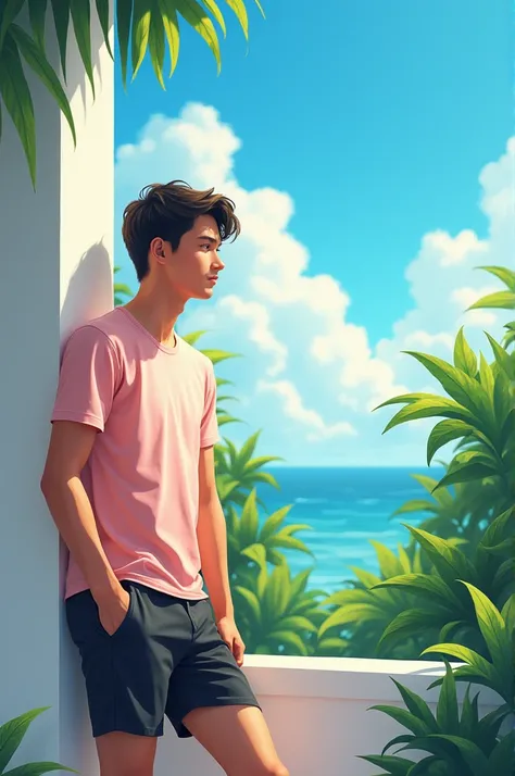  In the image, a young man in a pink t-shirt and black shorts is leaning against a white wall, looking out at a tropical landscape. The sky is filled with fluffy white clouds.