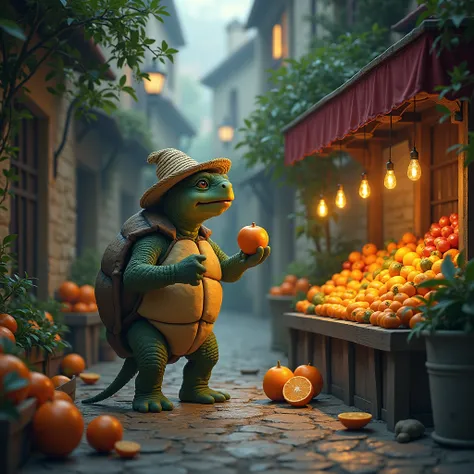 a bipedal turtle in a dark fantasy style medieval city. He is in the center of the image, eating an orange while looking at a fruit store. the turtle has a happy expression, he looks old because he is a turtle, he has a straw hat on his head. All around, t...