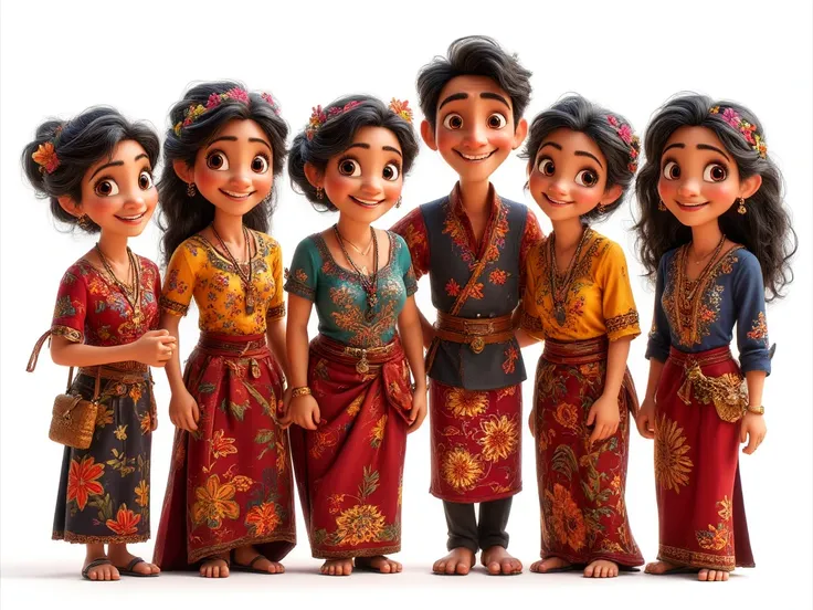 Realistic 4D caricature 6 swith 1 boy and 6 girl indonesiacheerful, wearing traditional attire Baju Kurung A long, loose-fitting blouse paired with a sarong or skirt, often adorned with elaborate embroidery and vibrant patterns. has exaggerated, expressive...