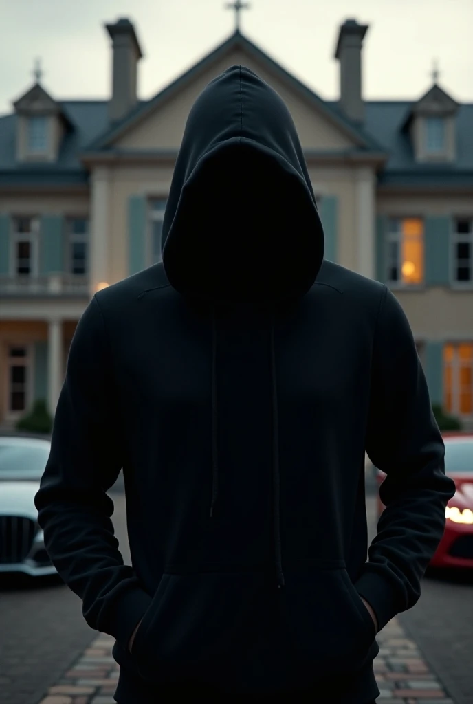 A white man with a black hoodie on his back in front of a mansion with luxury cars in the garage

